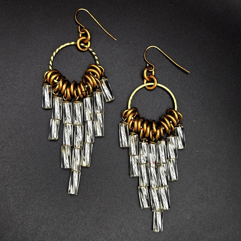 Vintage Brass Tone Clear Glass‎ Bugle Bead Chandelier Fringe Drop Earrings
